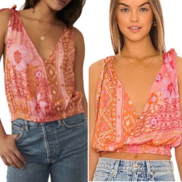 Free People Tied To You Top M Orange Pink Floral Boho Tribal Tie Straps V-neck - Picture 9 of 9
